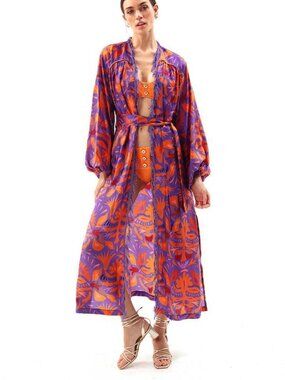 Movom Long Kimono Robe Mauve Orange Print Belted Cover Up One Size